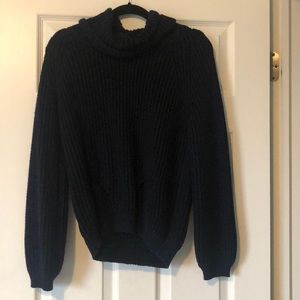 NAVY BLUE BALLOON SLEEVE COWL NECK SWEATER